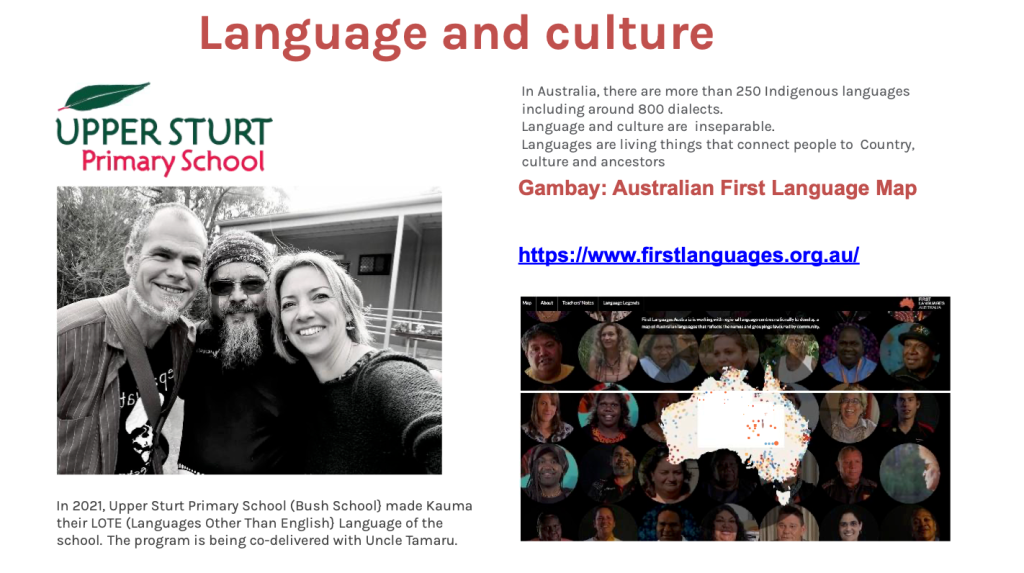 Pippa Cattanach's message stick is a document titles 'Language and culture' with images of Pippa at a school and a map of First Nations language groups.
