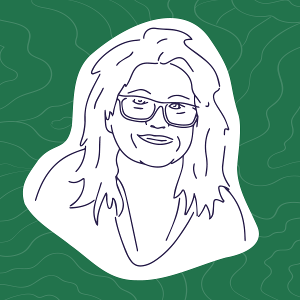 Line illustration of Cate on a green background.