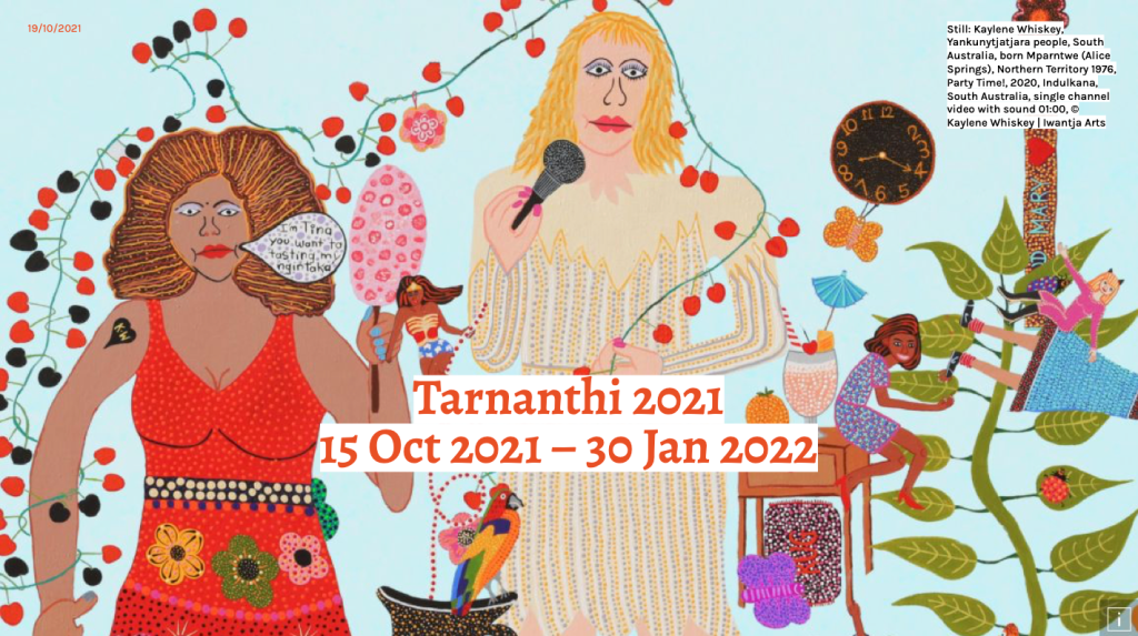 Euan Black's message stick shows an illustration of two women singing with text that reads: Tarnathi 2021, 15 Oct 2021 – 30 Jan 2022