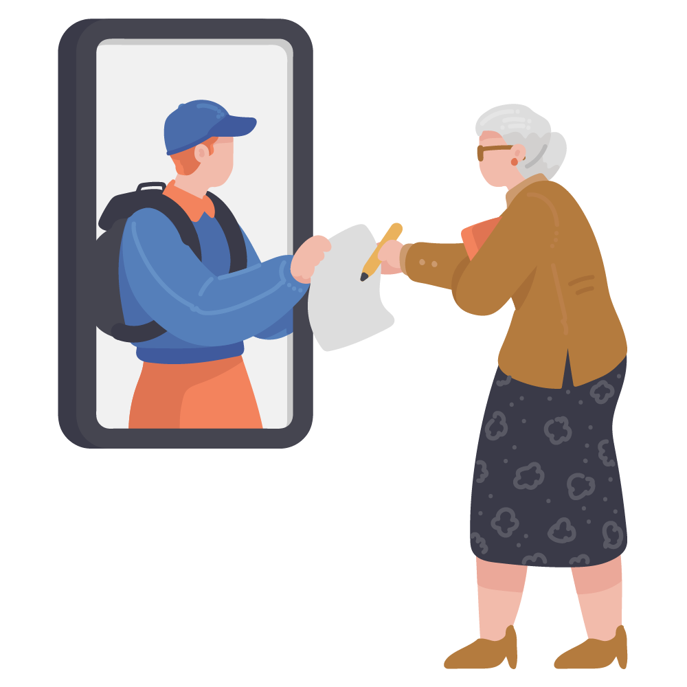 Illustration of a young man helping an older woman