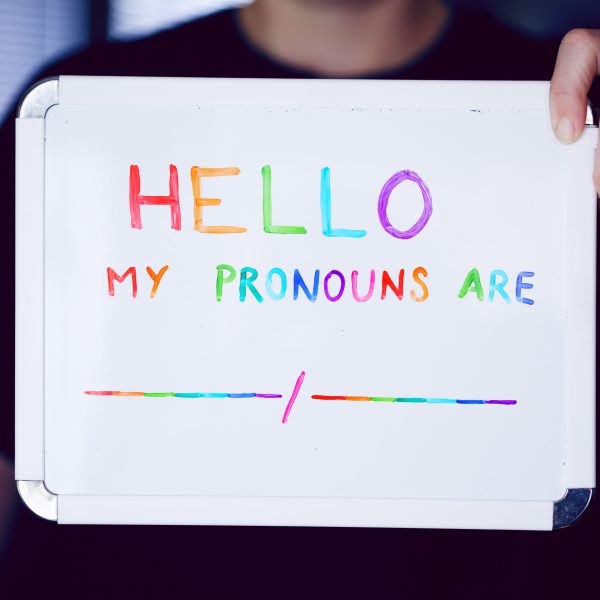 A person holding a pronoun sign