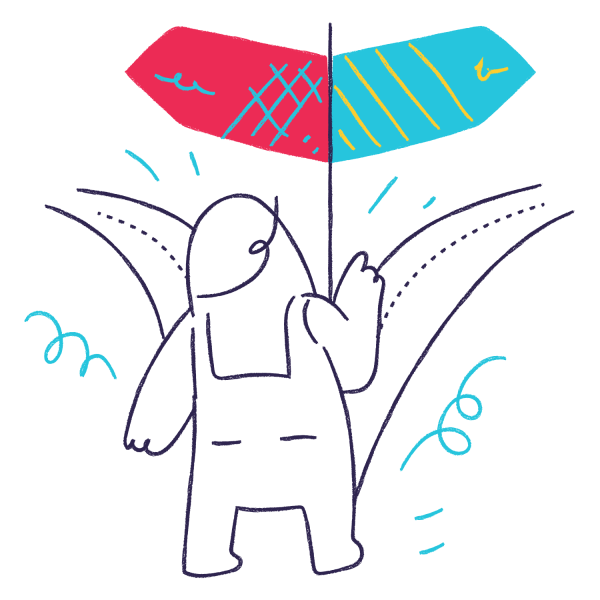 Illustration of a person at a crossroads choosing a direction
