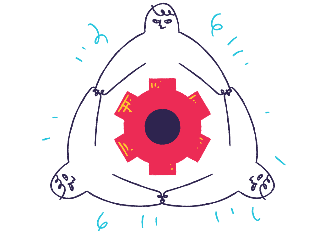Illustration of people surrounding a cog holding hands