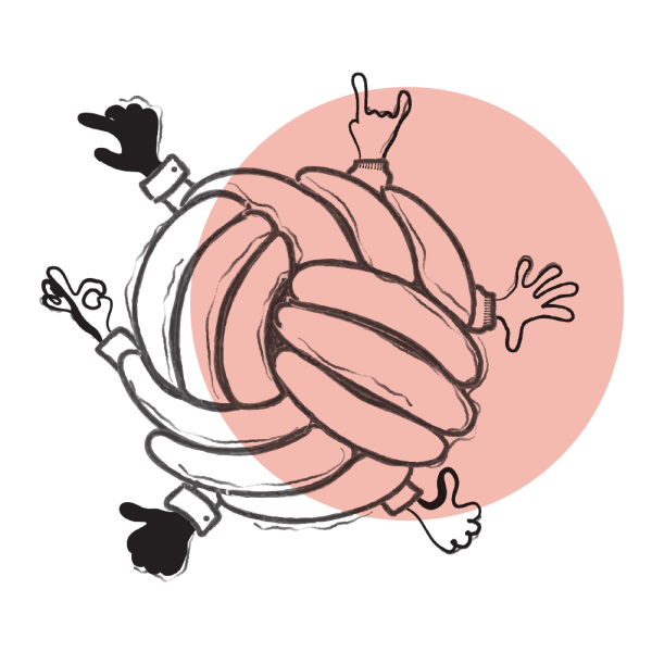 Illustrated hands coming out of a woven ball