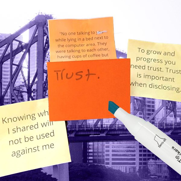 Post-it notes on background of a bridge in Brisbane