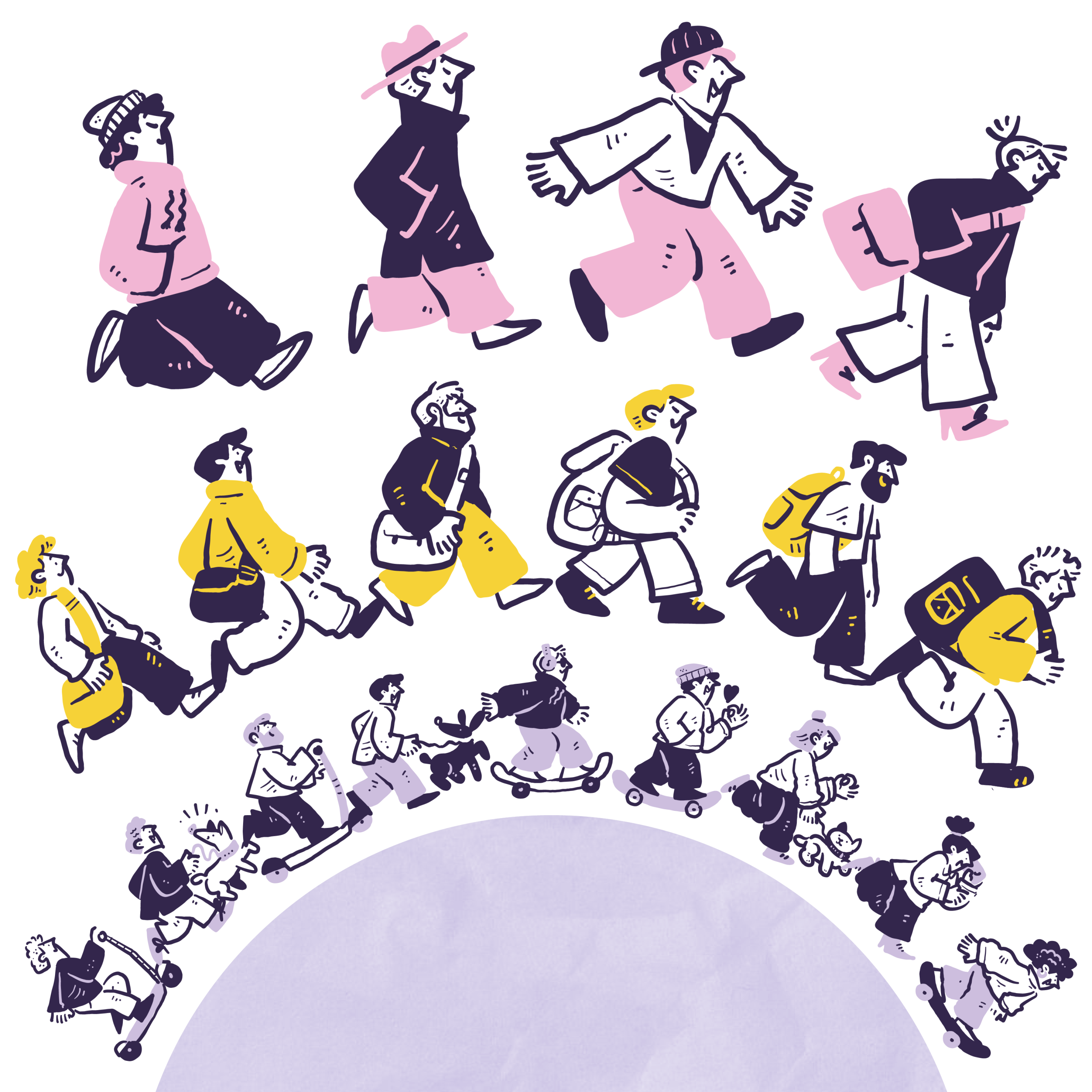Illustration of many different people walking around a circle