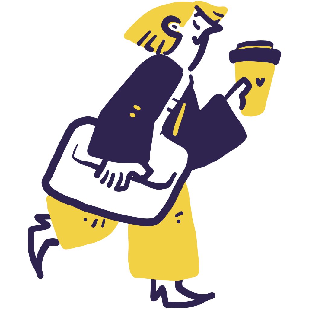 Illustration of a person holding a coffee and a bag