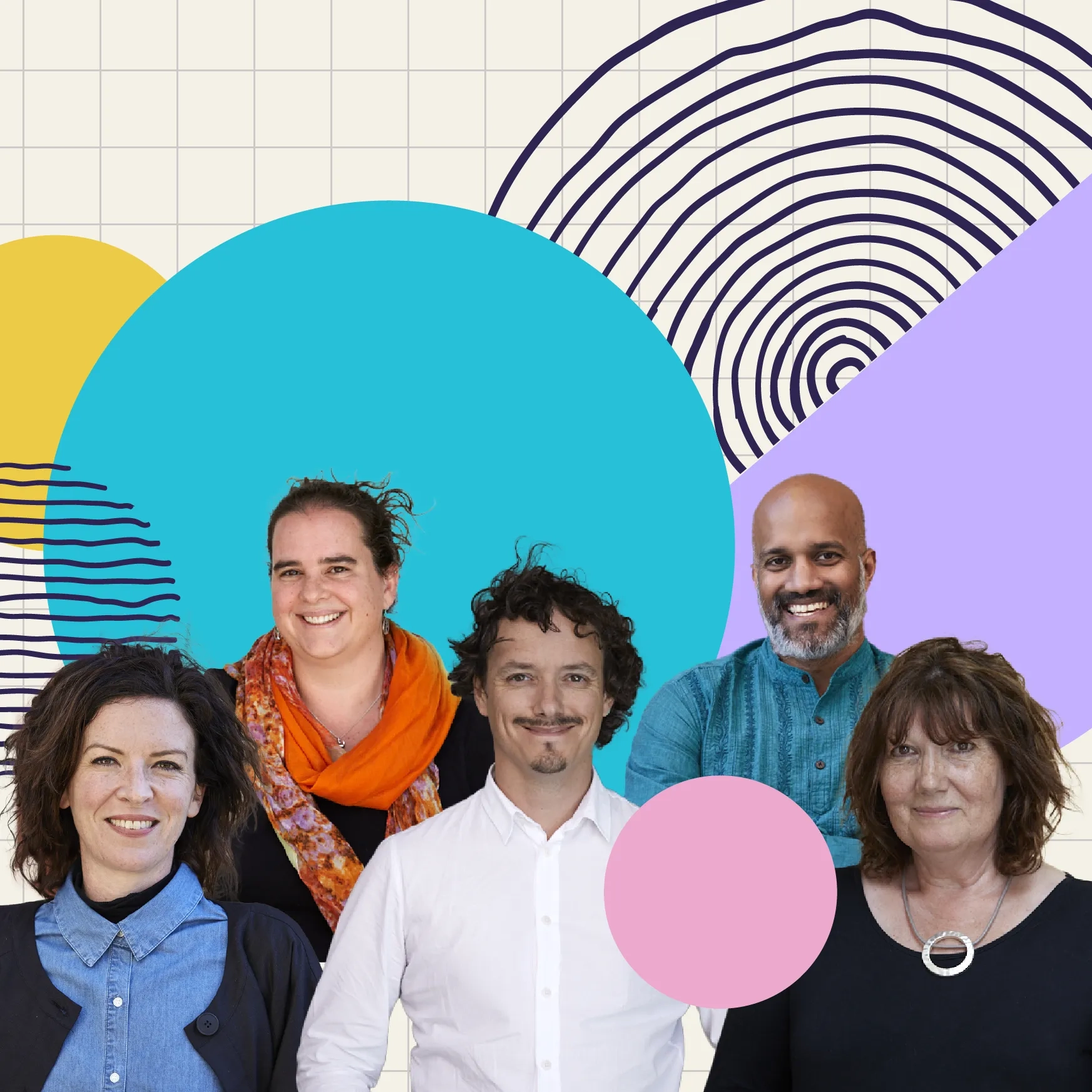 Collage of people and shapes
