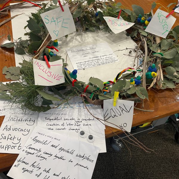 Hand-made wreath of green eucalyptus leaves and sticks laid on a wooden table, with small colourful clay birds and notes clipped on it. Around the wreath are handwritten cards reading words such as ‘SAFE ♥’, ‘INCLUSIVE’, ‘EMPOWERED’, ‘RESPECT’, and ‘EQUAL’.