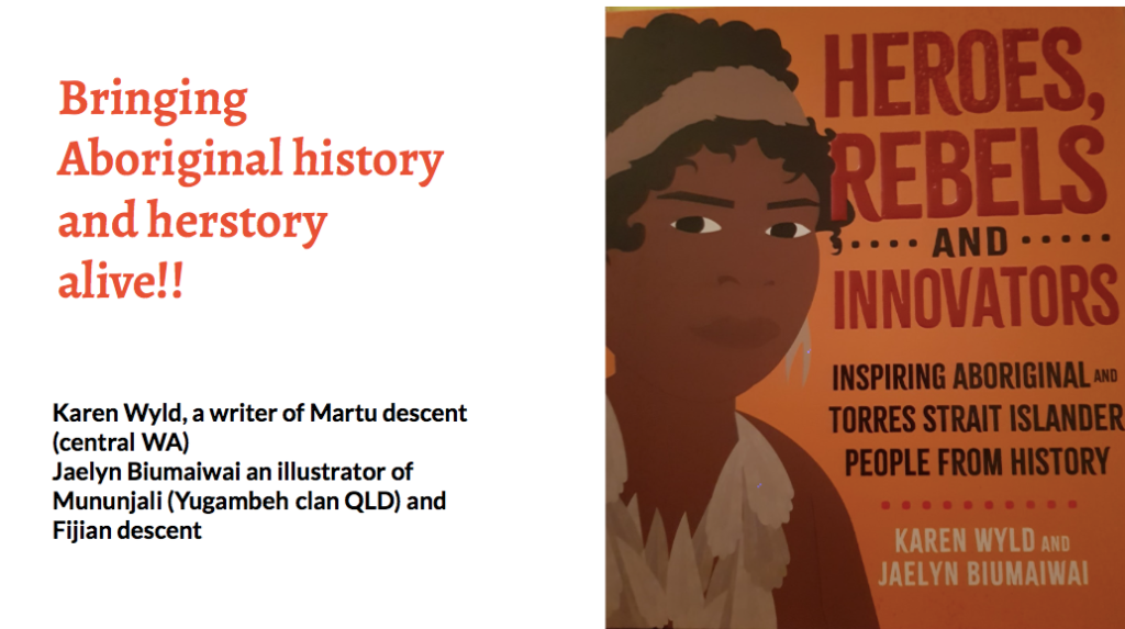 Barbara Binns' message stick, heading text reads 'Bringing Aboriginal history and herstory alive!!' Image features an illustrated women