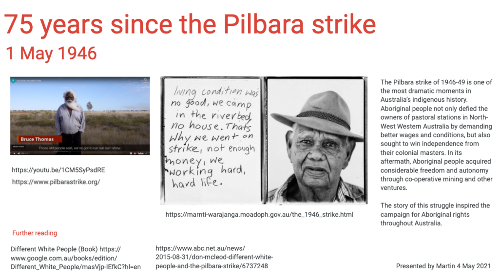 Brugh O'Brien's message stick is a document titled '75 years since the Pilbara strike' and features an image of a man in the outback and another image of a notebook with a photo of a man.