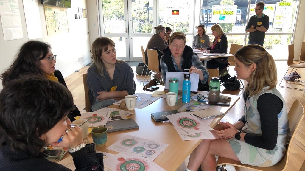 Participants of the Local Learning Lab in Peramangk Country, Mt. Barker District, SA working with Doughnut Economics frameworks, and drawing inspiration from others who are adapting Doughnut Economics to Indigenous Māori worldview and place, like the Canadian harbourside town of Nanaimo. Also included is the Greenprints framework.