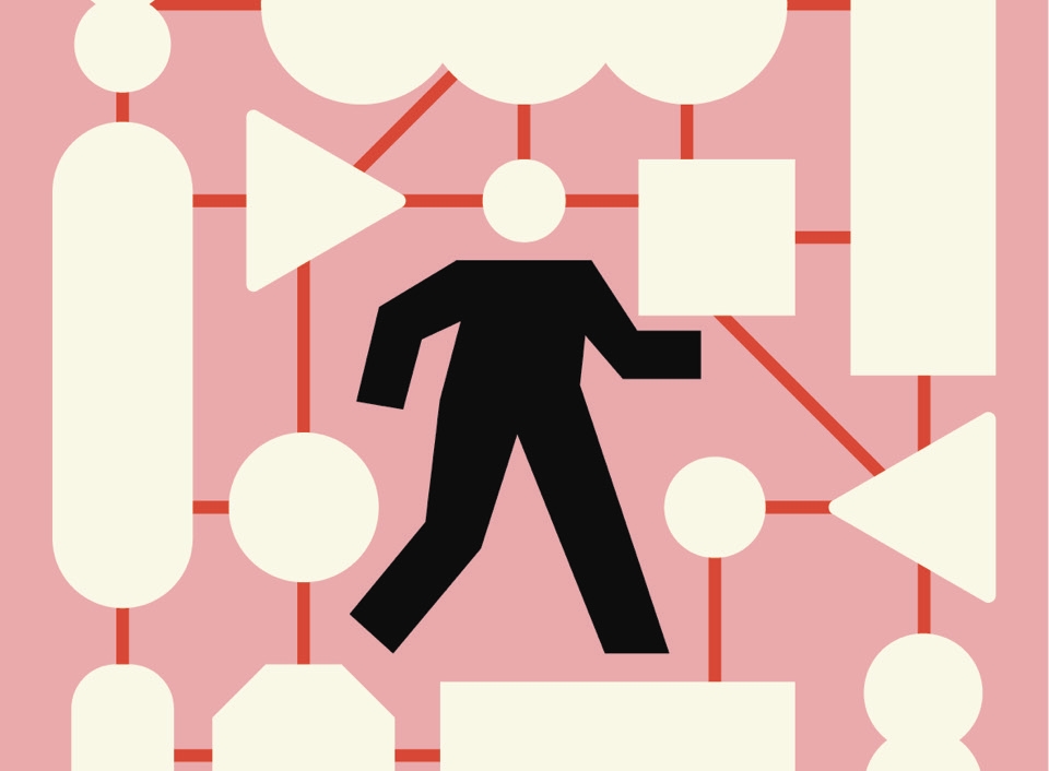 Illustration of a person walking through shapes