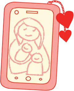 Illustration of a pink phone with a person and their children voice chatting on the screen