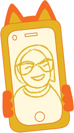 Illustration of a yellow phone with a case with ears. On the screen is a person video calling.